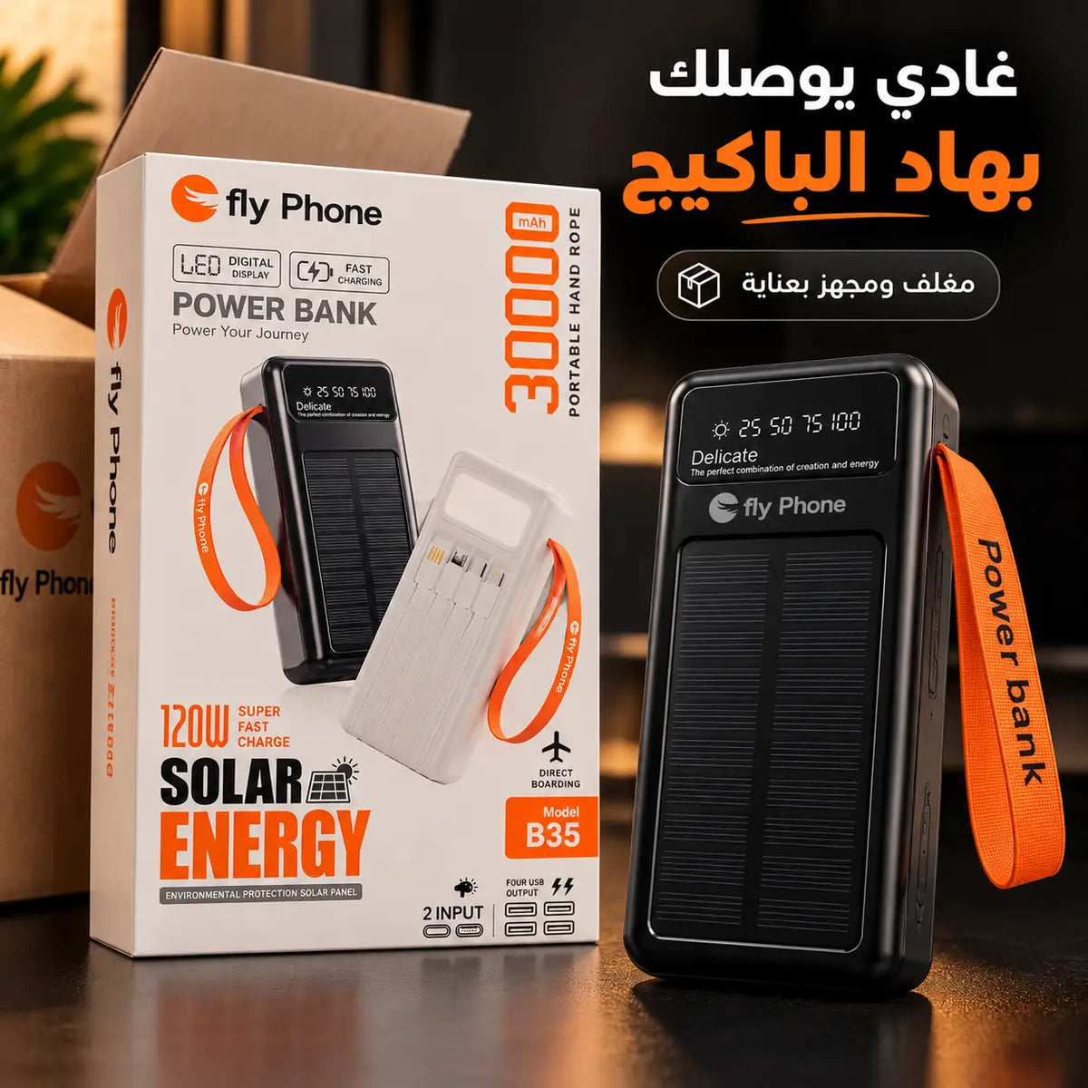 Power Bank Solaire avec câbles intégrés et écran LED